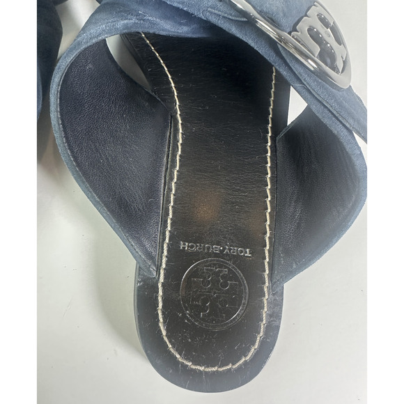 Tory Burch Grant Suede Sandal Open Toe Criss Cross Slides Midnight Blue 7.5 M - Picture 13 of 16